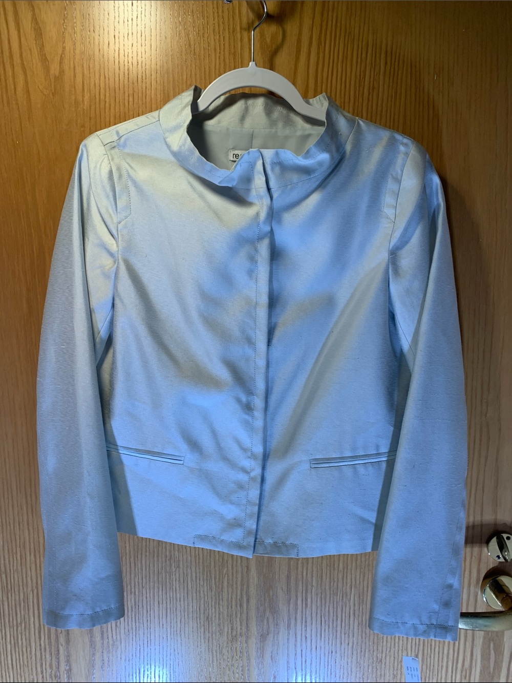 Realities:Silk/Cotton Light Blue Collarless Snap Jacket -Size 4 loose-Beautiful!